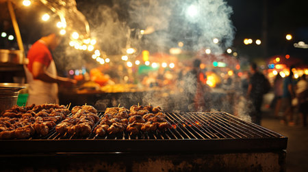 Smoke billowing from a street vendora charcoal grill, with the bustling night market scene alive with lights, colors, and the aroma of grilled food.の素材
