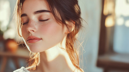 A woman with radiant, glowing skin and soft, natural makeup, standing in a sunlit room, her beauty accentuated by the gentle light and minimalistic background.の素材