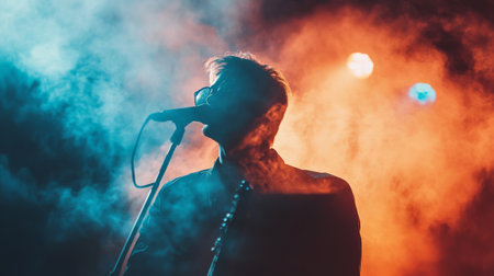 Smoke enveloping a musician as they perform on stage, with dramatic lighting creating an ethereal, otherworldly effect during a live concert.の素材