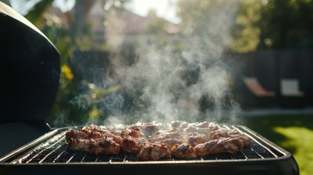 Smoke rising from a barbecue grill filled with sizzling meat, with the smoky aroma wafting through a sunny backyard during a family gathering.の素材