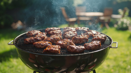 Smoke rising from a barbecue grill filled with sizzling meat, with the smoky aroma wafting through a sunny backyard during a family gathering.の素材