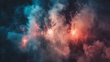 Smoke trails from fireworks bursting in the night sky, with colorful sparks illuminating the clouds of smoke, capturing the excitement of a celebration.の素材