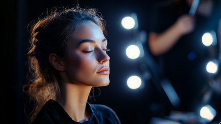 A woman sitting in a makeup chair in a professional studio, with lights illuminating her face as she undergoes a transformation, showcasing the expertise of the makeup artist.の素材