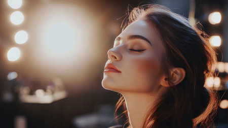 A woman sitting in a makeup chair in a professional studio, with lights illuminating her face as she undergoes a transformation, showcasing the expertise of the makeup artist.の素材