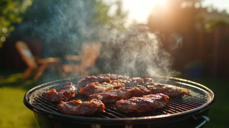 Smoke rising from a barbecue grill filled with sizzling meat, with the smoky aroma wafting through a sunny backyard during a family gathering.の素材