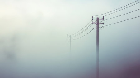 Power lines cutting through a dense fog, with the wires barely visible as they fade into the mist, creating a mysterious and almost ethereal landscape.の素材