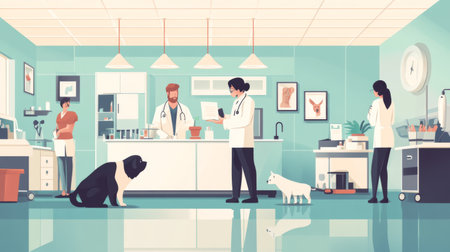 A wide-angle view of a veterinary clinic with a veterinarian consulting with a pet owner, and a variety of animals being cared for in a clean, modern environment.の素材