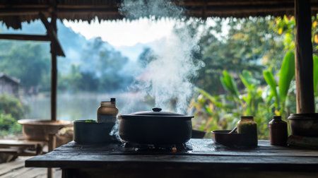 Smoke curling upwards from a traditional Thai kitchen stove, with the rustic surroundings of a countryside home in the backgroundの素材