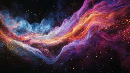 Smoke trails from fireworks bursting in the night sky, with colorful sparks illuminating the clouds of smoke, capturing the excitement of a celebration.の素材