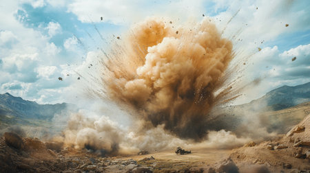 A wide-angle view of a military explosion with a large shockwave and smoke cloud, set against a rugged landscape, illustrating the scale and power of the blast.の素材