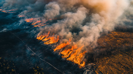 Aerial view of a wildfire spreading across a dry landscape, with thick smoke clouds covering the sky, illustrating the devastating impact of natural disasters.の素材