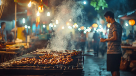 Smoke billowing from a street vendora charcoal grill, with the bustling night market scene alive with lights, colors, and the aroma of grilled food.の素材