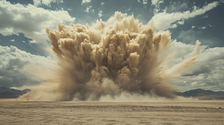 A wide-angle view of a controlled explosion on a test field, with a massive cloud of dust and debris rising, showcasing the power and scale of the explosion.の素材