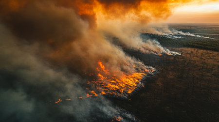Aerial view of a wildfire spreading across a dry landscape, with thick smoke clouds covering the sky, illustrating the devastating impact of natural disasters.の素材