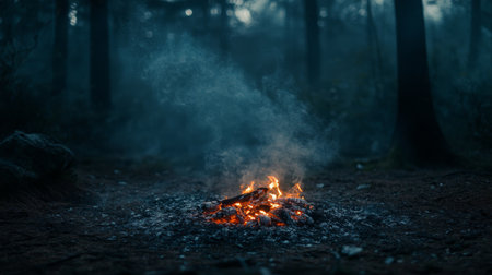 Smoke swirling around a burnt-out campfire in a dark forest clearing, with ashes and glowing embers visible, evoking a sense of solitude and wilderness.の素材