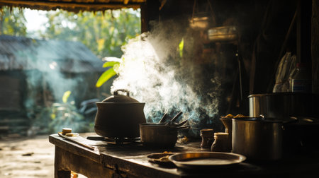 Smoke curling upwards from a traditional Thai kitchen stove, with the rustic surroundings of a countryside home in the backgroundの素材