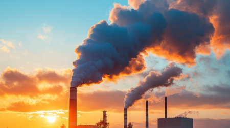 Close-up of smoke billowing from a factory chimney, with industrial structures in the background, symbolizing pollution and environmental concerns.の素材