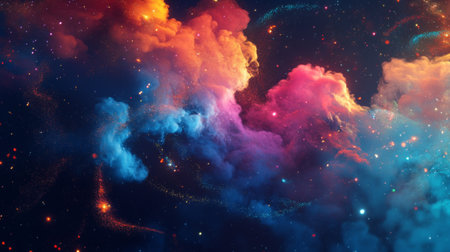 Smoke trails from fireworks bursting in the night sky, with colorful sparks illuminating the clouds of smoke, capturing the excitement of a celebration.の素材