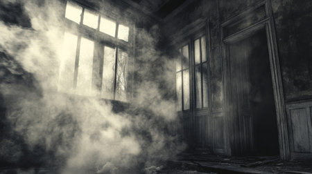 Smoke seeping through the cracks of an old, abandoned house, creating an eerie, haunted atmosphere, perfect for a horror or mystery theme.の素材