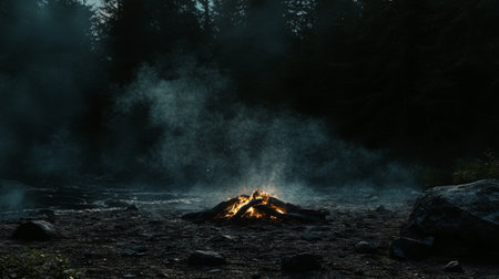 Smoke swirling around a burnt-out campfire in a dark forest clearing, with ashes and glowing embers visible, evoking a sense of solitude and wilderness.の素材