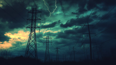 Power lines silhouetted against a stormy sky, with dark clouds and a hint of lightning in the distance, creating a dramatic and tense atmosphere.の素材
