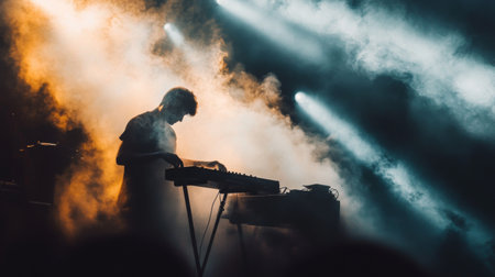 Smoke enveloping a musician as they perform on stage, with dramatic lighting creating an ethereal, otherworldly effect during a live concert.の素材