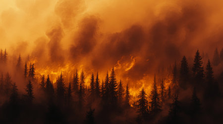 Thick black smoke rising from a burning forest, with trees silhouetted against a hazy, orange sky. The intensity of the fire is evident from the dense plumes of smoke.の素材