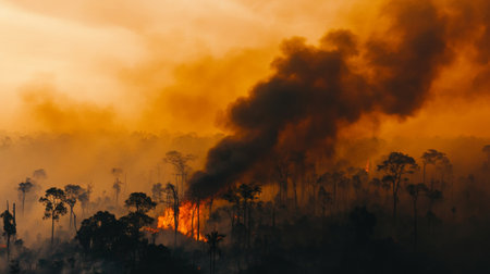 Thick black smoke rising from a burning forest, with trees silhouetted against a hazy, orange sky. The intensity of the fire is evident from the dense plumes of smoke.の素材