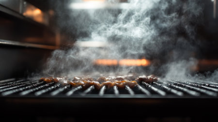 Steam escaping from the exhaust of a cooking grill, with the smoke and steam mingling to create a dynamic and appetizing culinary scene.の素材