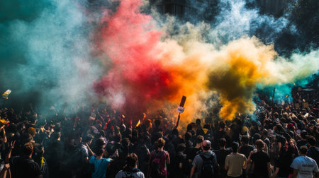 Smoke from a flare spreading through a dense crowd during a protest, with the vibrant colors of the smoke contrasting against the determined faces of the demonstrators.の素材