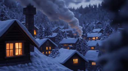 Smoke rising from a chimney in a snow-covered village, with warm light glowing from windows, evoking a cozy winter evening atmosphere.の素材