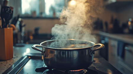 Steam escaping from a freshly boiled pot of water on a stove, with the steam swirling up and the kitchen setting in the background, capturing the essence of home cooking.の素材