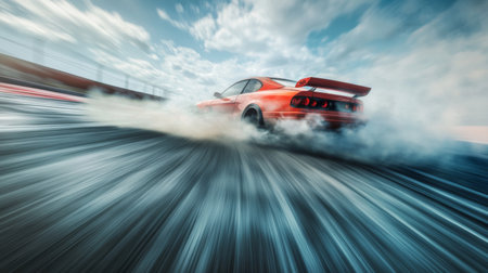 Smoke rising from the wheels of a car during a high-speed drift on a racetrack, with motion blur emphasizing the speed and intensity of the action.の素材