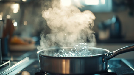 Steam escaping from a freshly boiled pot of water on a stove, with the steam swirling up and the kitchen setting in the background, capturing the essence of home cooking.の素材