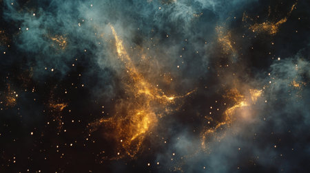 Smoke trails from fireworks bursting in the night sky, with colorful sparks illuminating the clouds of smoke, capturing the excitement of a celebration.の素材