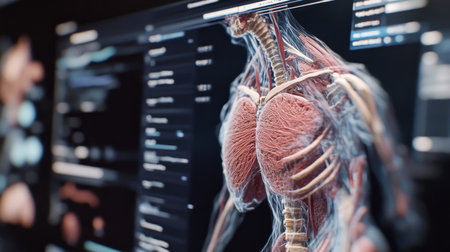 A detailed shot of a 3D medical model on a screen, showcasing anatomical structures and precision in the digital representation of human organs or bones.の素材