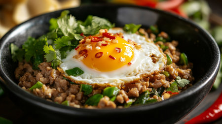 A detailed shot of perfectly cooked sunny-side-up egg, surrounded by vibrant garnishes like chopped cilantro and red chili, emphasizing the fresh and tasty elements of the dish.の素材