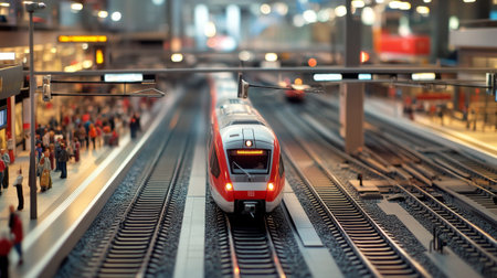 A detailed shot of an electric train station with multiple tracks and trains, featuring passengers boarding and alighting, and modern infrastructure.の素材