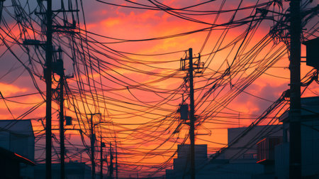 A close-up of tangled power lines crisscrossing in the sky, with the poles and wires forming a chaotic yet intricate pattern against a sunset backdrop.の素材