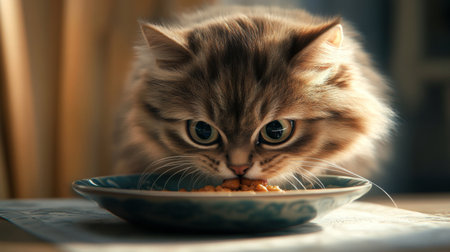 A detailed shot of a chubby cat eating from a bowl of food, with its fluffy cheeks and focused expression, emphasizing its adorable eating habits.の素材