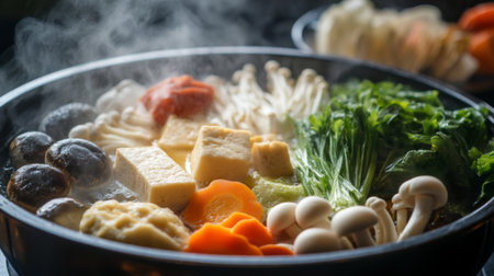 A detailed shot of a shabu-shabu meal with ingredients such as mushrooms, tofu, and vegetables arranged in a visually appealing manner, with steam rising from the hot pot.の素材