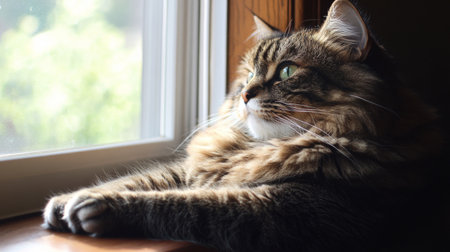 A detailed shot of a chubby cat sitting by a sunny window, with its fluffy belly visible and a content look, capturing the essence of a lazy afternoon.の素材