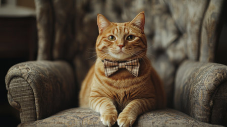 A detailed shot of a chubby cat with a bow tie around its neck, sitting elegantly on a chair, showcasing its charming and adorable appearance.の素材