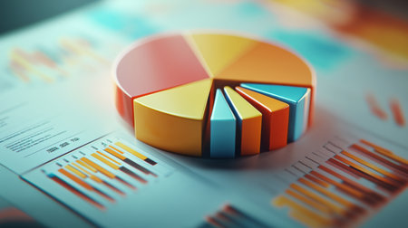 A detailed shot of a 3D pie chart with segmented sections and labels, displaying data in a visually engaging and three-dimensional format.の素材