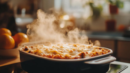 A detailed shot of a steaming hot casserole dish, with steam visible as it is served from the oven, highlighting the savory and comforting qualities of the meal.の素材