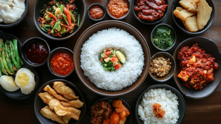 A panoramic view of a traditional Asian meal featuring a bowl of hot rice in the center, surrounded by various side dishes and dipping sauces on a table.の素材