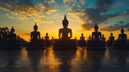 A panoramic view of multiple Buddha statues' silhouettes against a dramatic sunrise, casting long shadows and creating a tranquil and spiritual atmosphere.の素材