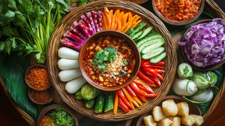 A high-angle view of a beautifully plated Thai dish with a bowl of surrounded by an array of dipping vegetables and condiments, creating an inviting and colorful meal.の素材