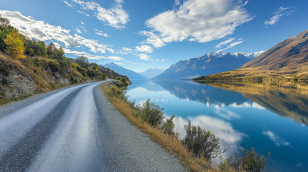A wide-angle shot of a winding mountain road leading towards a serene lake, with reflections of the surrounding mountains in the water and a peaceful, scenic atmosphere.の素材