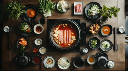 A top-down view of a table set for shabu-shabu, with a hot pot in the center surrounded by various fresh ingredients, dipping sauces, and utensils for cooking.の素材